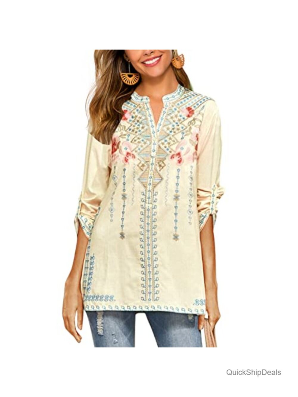 Women's Embroidered Mexican Peasant Tunic Top V-Neck Loose Blouse Long Sleeve